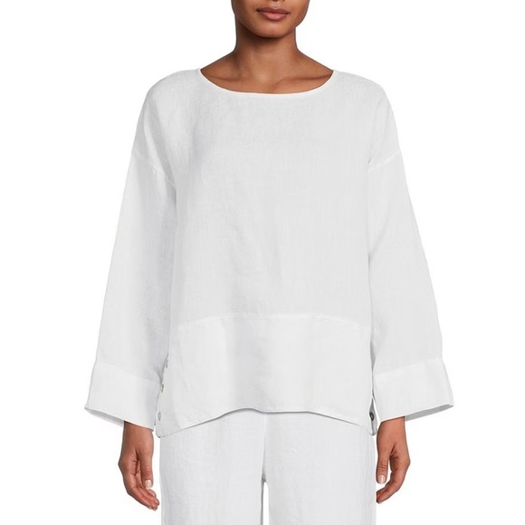 Bryn Walker white Artist Light Linen Round Neck Long Sleeve Shirt - Picture 1 of 7